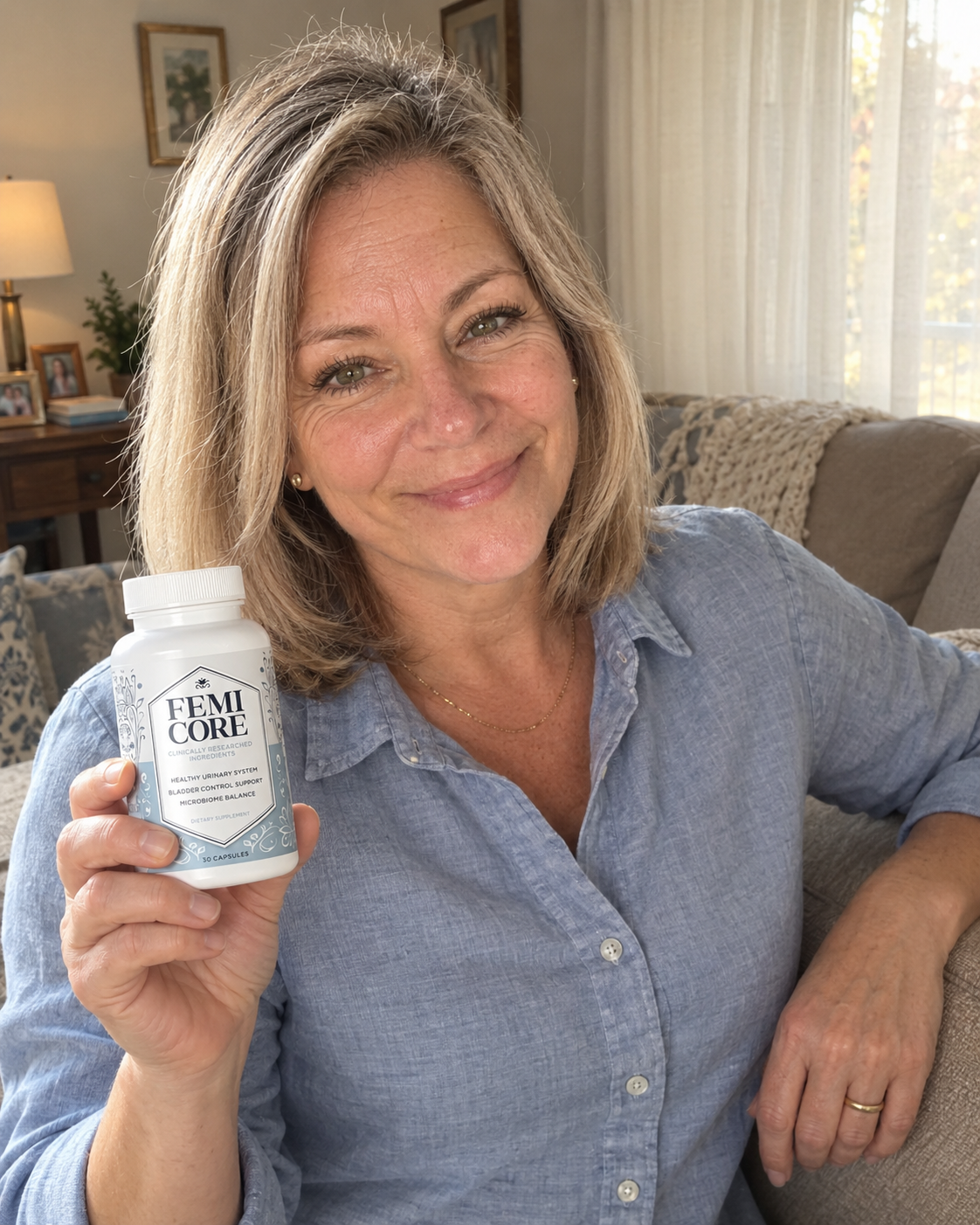 Linda holding a bottle of FemiCore